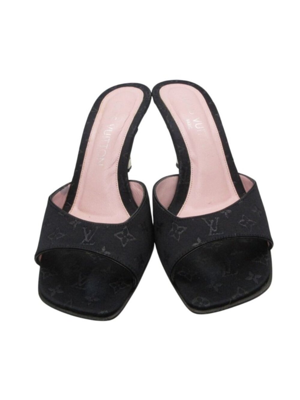 Louis Vuitton Mules Monogram Satin Open Toe Sandals Shoes Black
